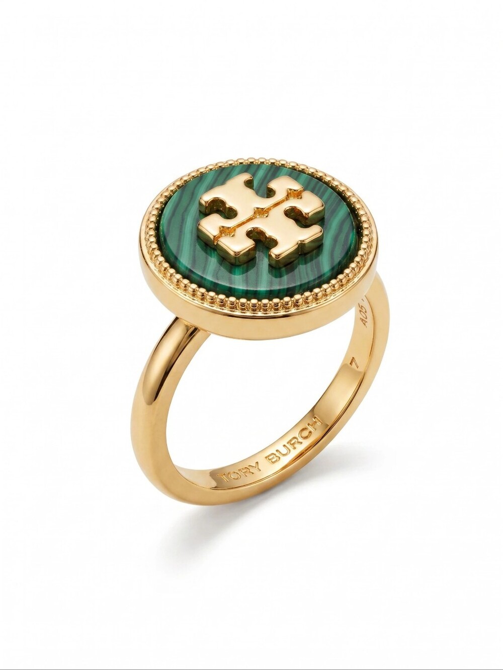 Tory Burch Kira Malachite Gold and Green Logo Ring